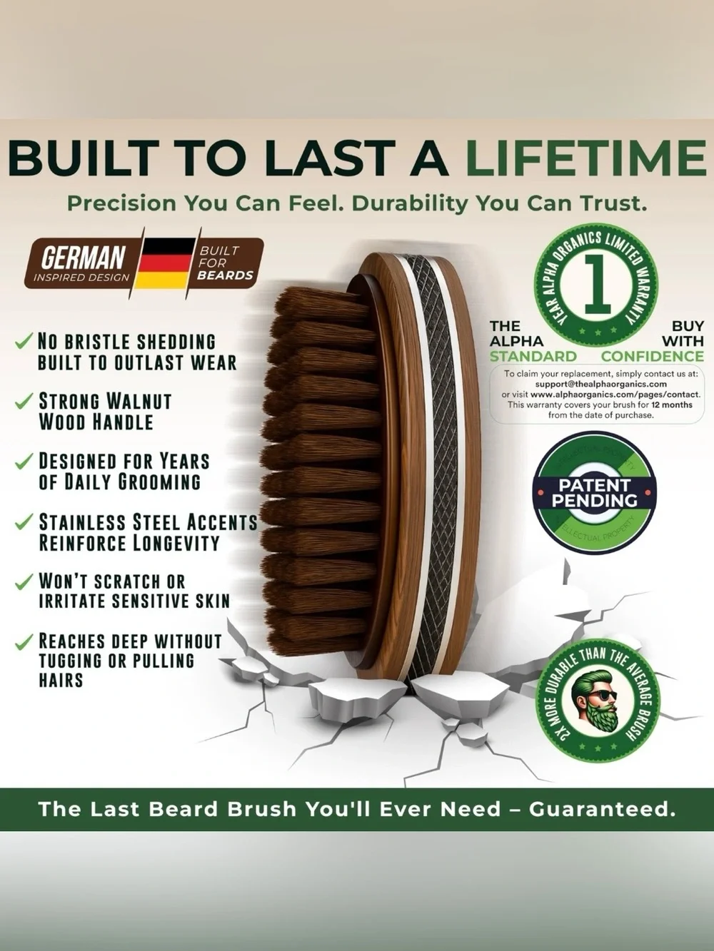 Alpha Organics Premium Beard Brush | Natural Boar Bristle & Walnut Wood NIB